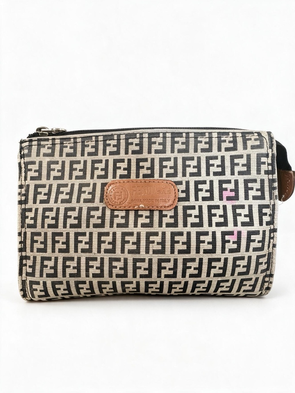 Fendi Zucca Canvas Cosmetic Pouch Bag | Brown FF Logo Mini Bag | Made in Italy